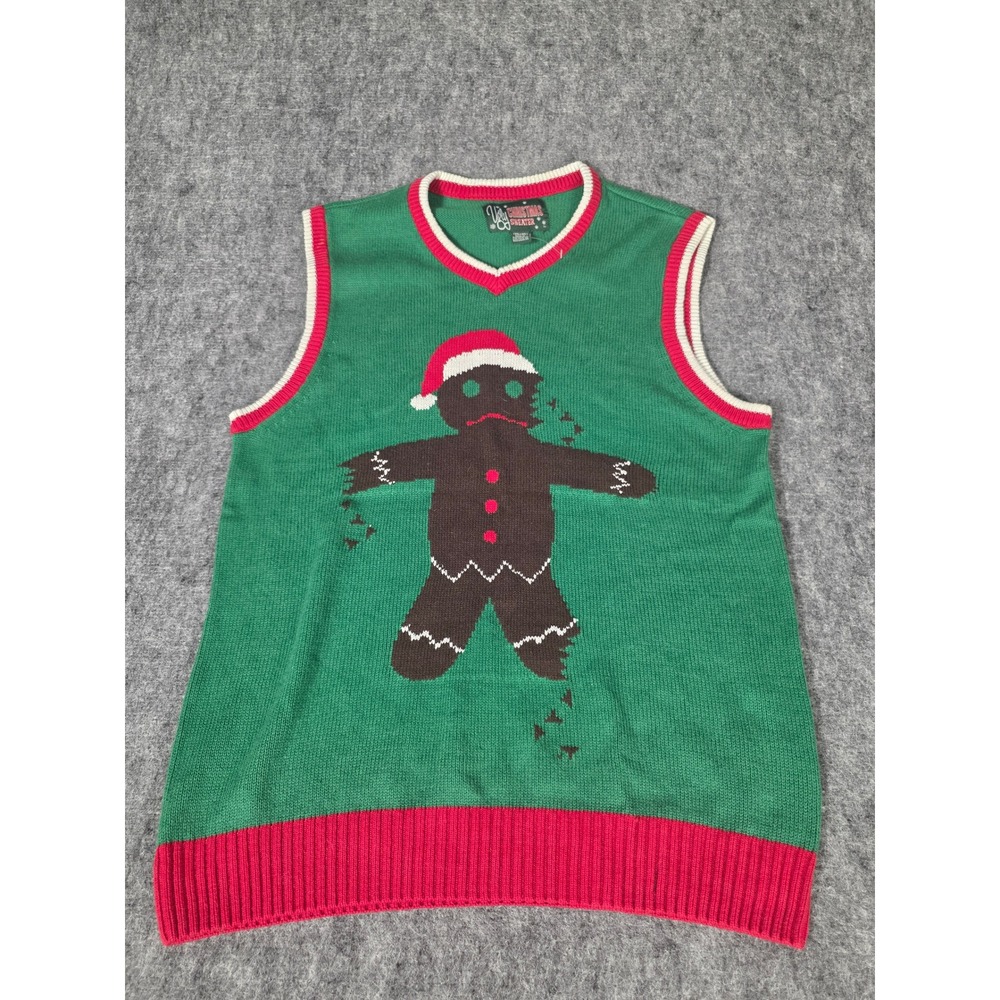 Mens Vest Sweater Ugly Christmas M Green Gingerbread Man Holiday Party Topv